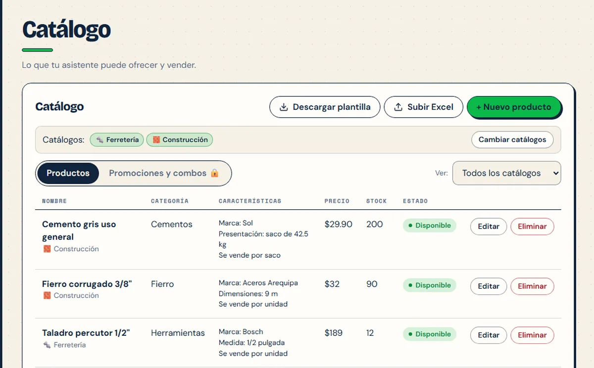 Panel de WaBotix: catálogo de productos con precios, stock y características