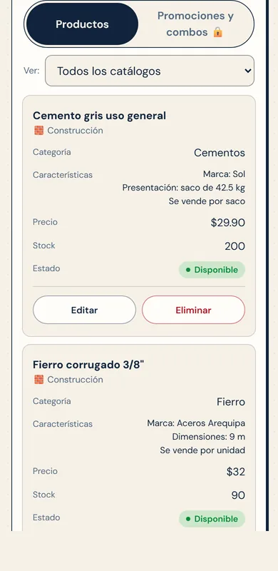Panel de WaBotix en el celular: lista de productos en tarjetas